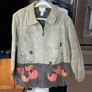 Quack Factory Suede Leather Jacket 2X Green Pumpkin Embroidered Zip